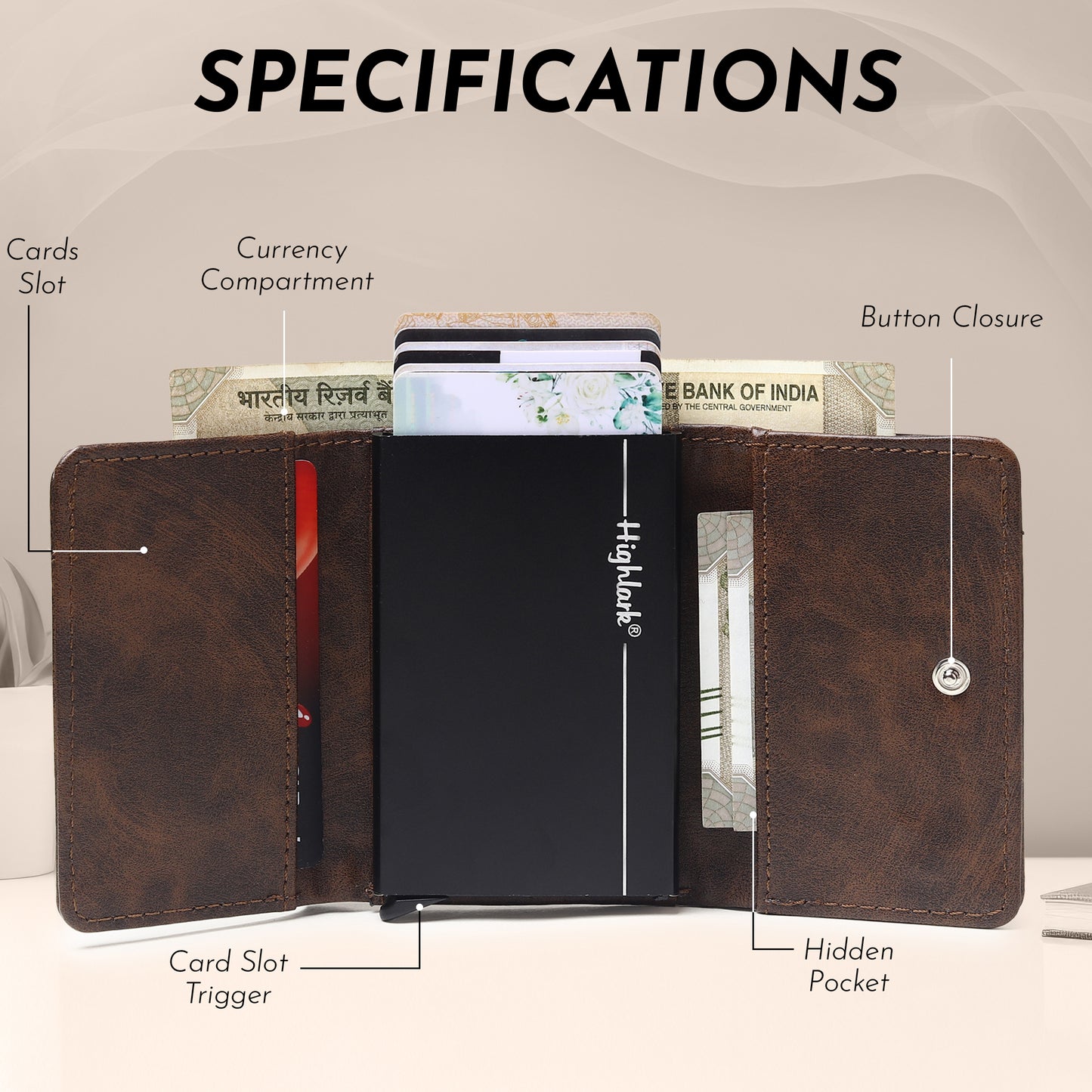 Highlark Pop up Card Holder Wallet for Men & Women | Leather Trifold with Quick Access Card Slide | RFID Blocking | Cash Compartment | Slim Compact Design | Brown