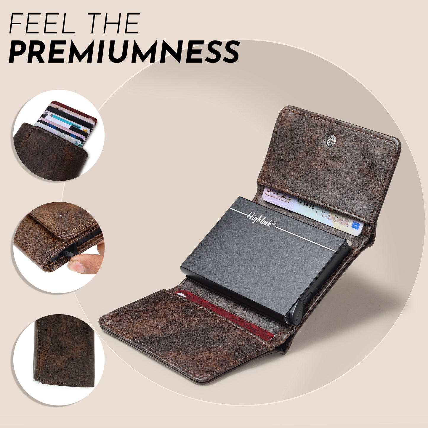 Highlark Pop up Card Holder Wallet for Men & Women | Leather Trifold with Quick Access Card Slide | RFID Blocking | Cash Compartment | Slim Compact Design | Brown