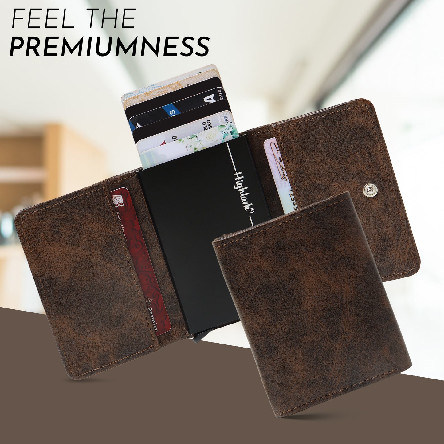 Highlark Pop up Card Holder Wallet for Men & Women | Leather Trifold with Quick Access Card Slide | RFID Blocking | Cash Compartment | Slim Compact Design | Brown