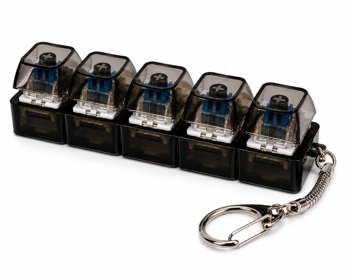Black 4 Key Mechanical Switch Keychain, Clicky Keyboard Switch Fidget Toy with Clear Housing, Blue Switches, Stress Relief Clicker for Keyboard Enthusiasts