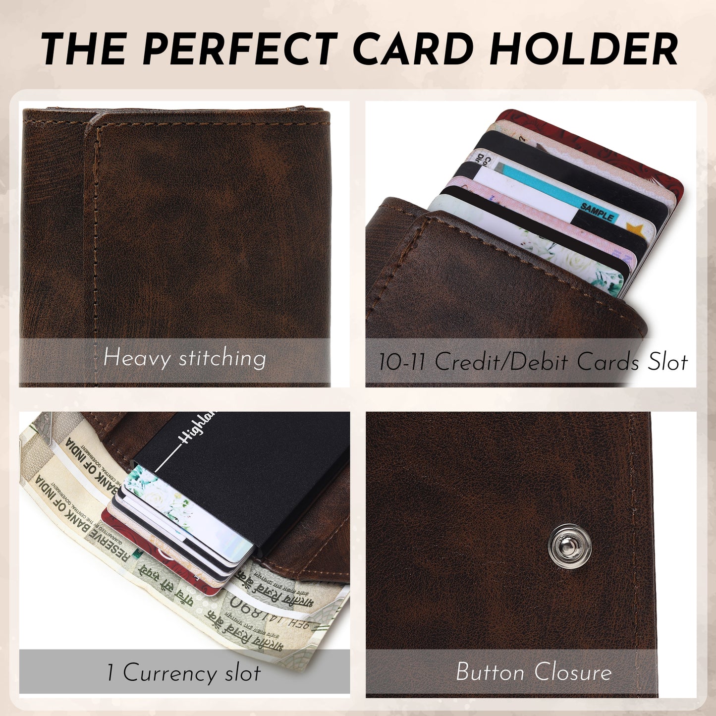 Highlark Pop up Card Holder Wallet for Men & Women | Leather Trifold with Quick Access Card Slide | RFID Blocking | Cash Compartment | Slim Compact Design | Brown