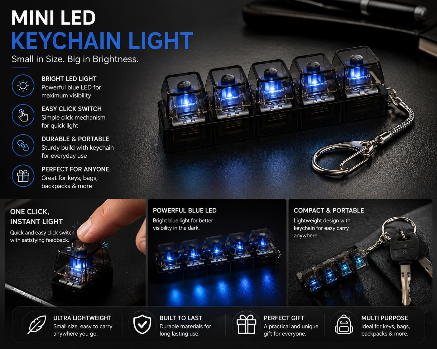 Black 4 Key Mechanical Switch Keychain, Clicky Keyboard Switch Fidget Toy with Clear Housing, Blue Switches, Stress Relief Clicker for Keyboard Enthusiasts