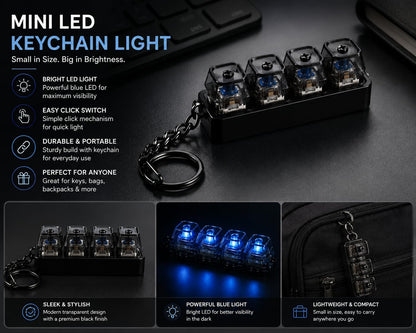 Black 4 Key Mechanical Switch Keychain, Clicky Keyboard Switch Fidget Toy with Clear Housing, Blue Switches, Stress Relief Clicker for Keyboard Enthusiasts