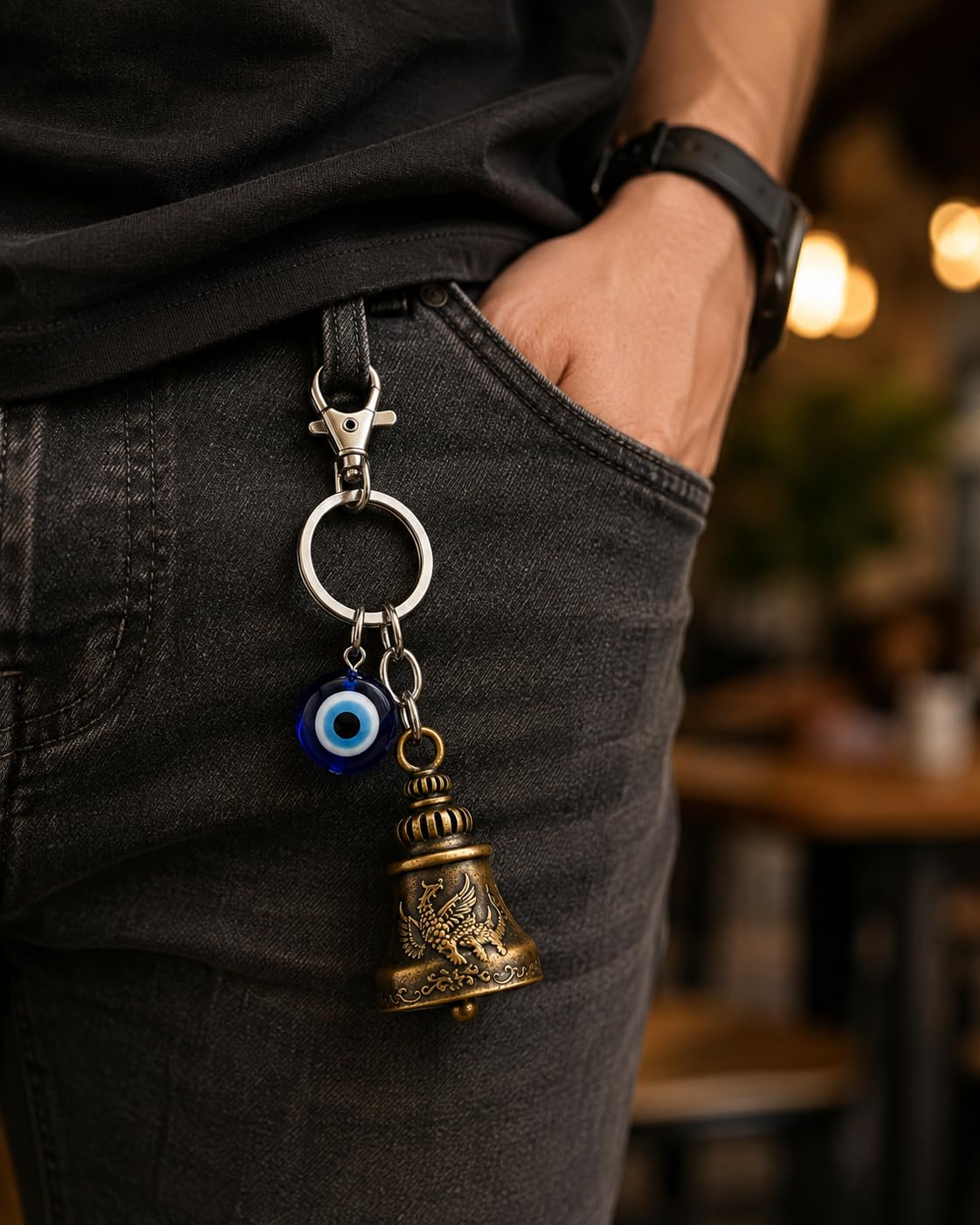 Evil Eye Keychain for Men & Women, Decorative Bell Key Ring with Blue Evil Eye Charm, Stylish Keychain for Car, Bike & Home Keys, Gift Accessory, Pack of 3