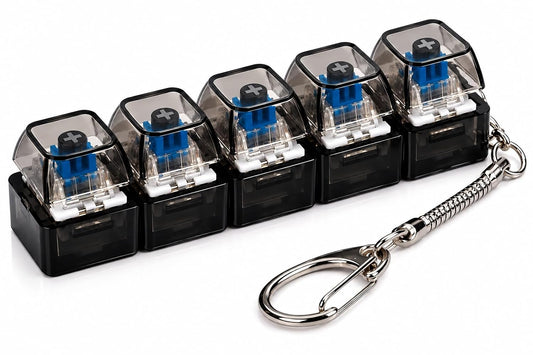 Black 4 Key Mechanical Switch Keychain, Clicky Keyboard Switch Fidget Toy with Clear Housing, Blue Switches, Stress Relief Clicker for Keyboard Enthusiasts
