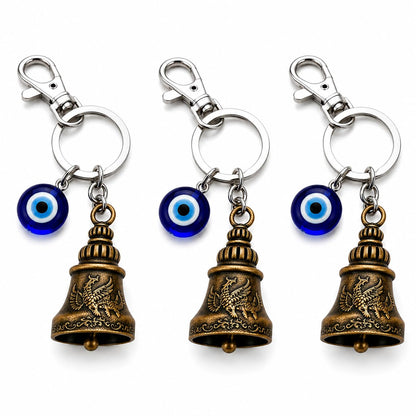 Evil Eye Keychain for Men & Women, Decorative Bell Key Ring with Blue Evil Eye Charm, Stylish Keychain for Car, Bike & Home Keys, Gift Accessory, Pack of 3
