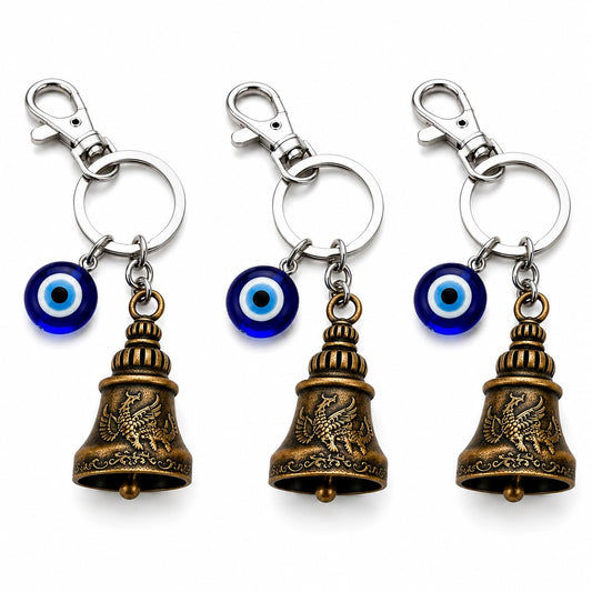 Evil Eye Keychain for Men & Women, Decorative Bell Key Ring with Blue Evil Eye Charm, Stylish Keychain for Car, Bike & Home Keys, Gift Accessory, Pack of 3