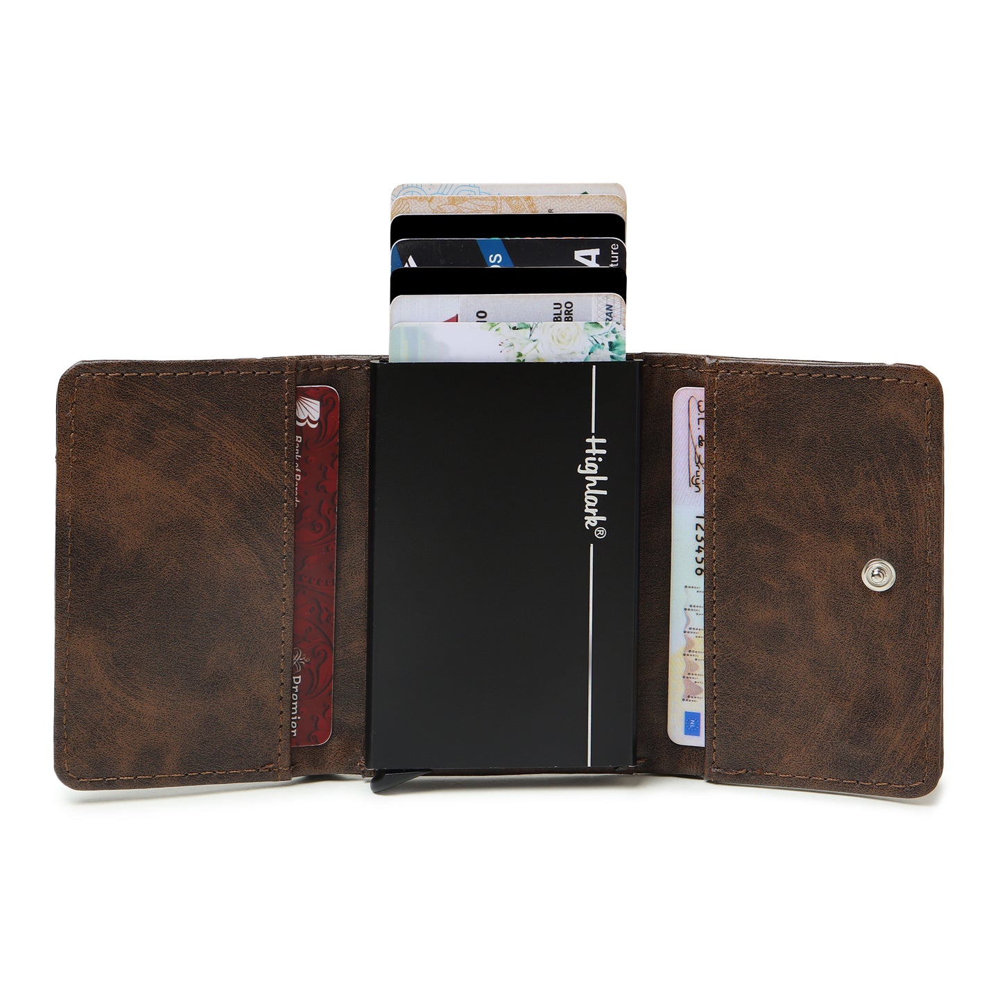 Highlark Pop up Card Holder Wallet for Men & Women | Leather Trifold with Quick Access Card Slide | RFID Blocking | Cash Compartment | Slim Compact Design | Brown