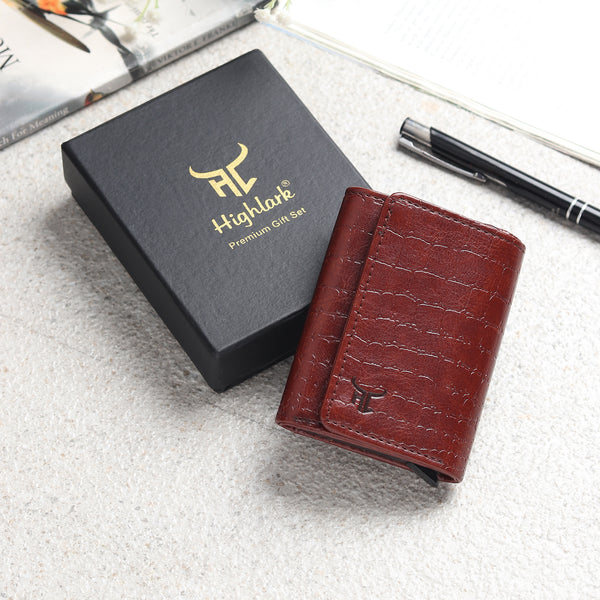 Highlark Premium Croco Leather Card Holder for Men | Luxury Slim Minimalist Wallet with Pop-Up Mechanism | RFID Blocking | Elegant Compact Front Pocket Card Case for Modern Professionals