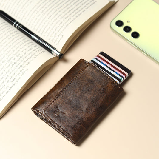Highlark Pop up Card Holder Wallet for Men & Women | Leather Trifold with Quick Access Card Slide | RFID Blocking | Cash Compartment | Slim Compact Design | Brown