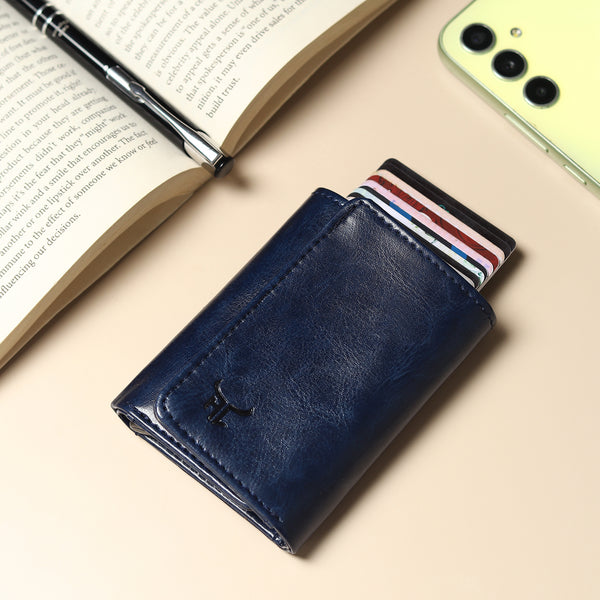 Highlark Pop up Card Holder Wallet for Men & Women | Leather Trifold with Quick Access Card Slide | RFID Blocking | Cash Compartment | Slim Compact Design | Blue