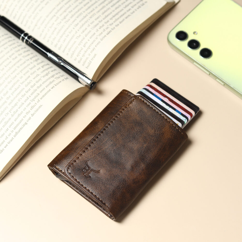 Highlark Exclusive & Upgraded Faux Leather with Aluminium Pop up Card Holder| Aluminium Slim Case | Up to 9 Cards | Card Holder for Men & Women (Brown)