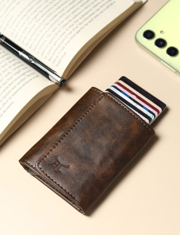Highlark Exclusive & Upgraded Faux Leather with Aluminium Pop up Card Holder| Aluminium Slim Case | Up to 9 Cards | Card Holder for Men & Women (Brown)