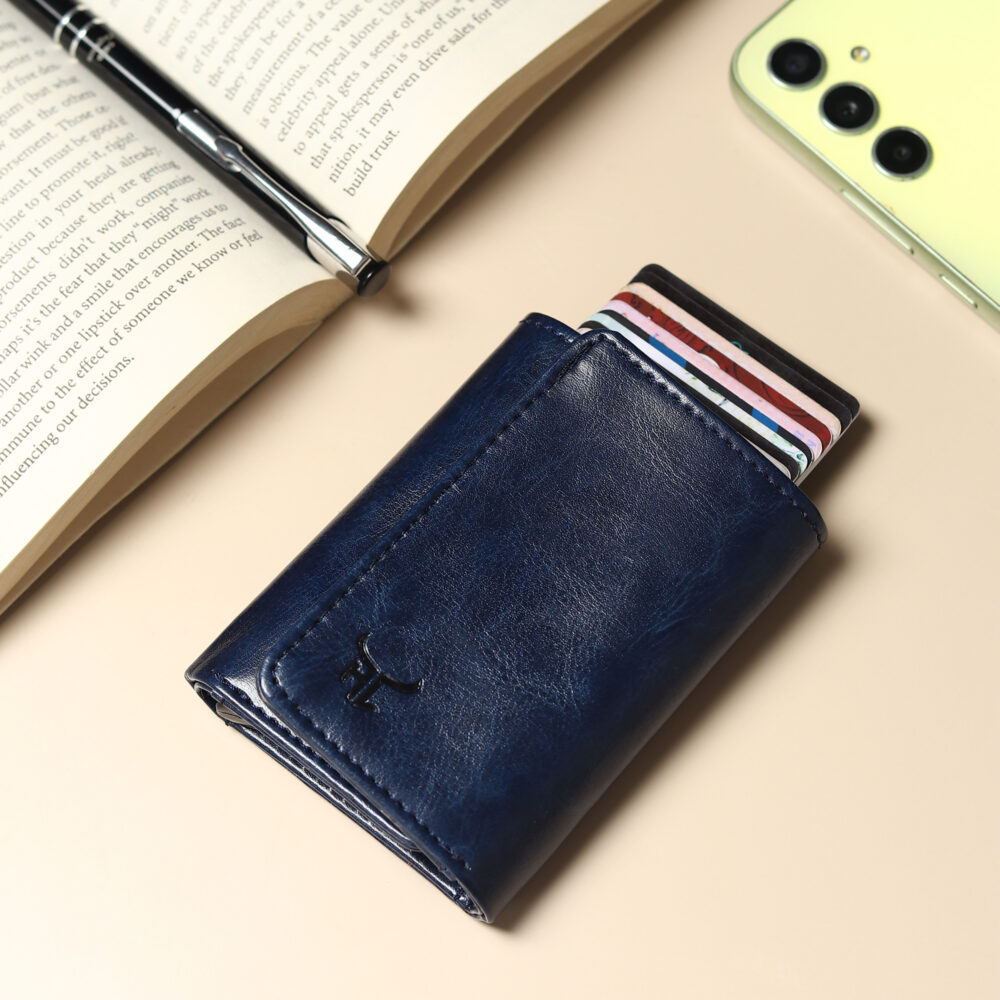 Highlark Exclusive & Upgraded Faux Leather with Aluminium Pop up Card Holder| Aluminium Slim Case | Up to 9 Cards | Card Holder for Men & Women (Blue)