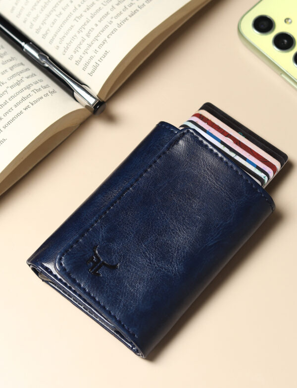 Highlark Exclusive & Upgraded Faux Leather with Aluminium Pop up Card Holder| Aluminium Slim Case | Up to 9 Cards | Card Holder for Men & Women (Blue)