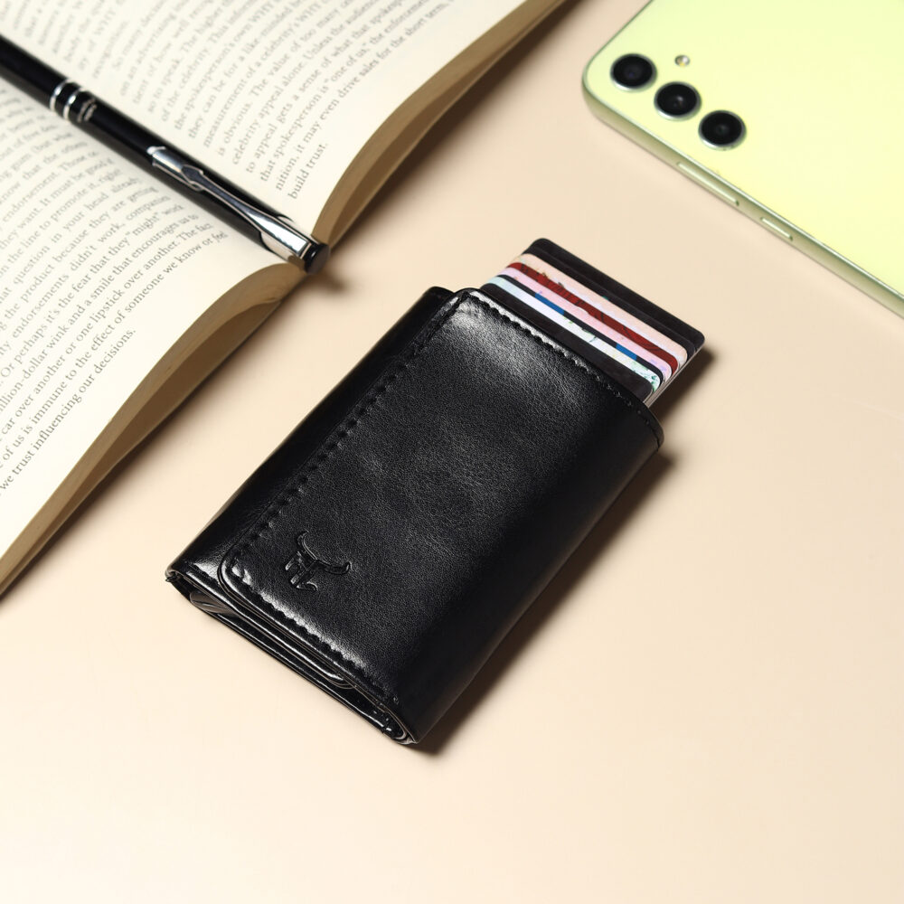 Highlark Exclusive & Upgraded Faux Leather with Aluminium Pop up Card Holder| Aluminium Slim Case | Up to 9 Cards | Card Holder for Men & Women (Black)