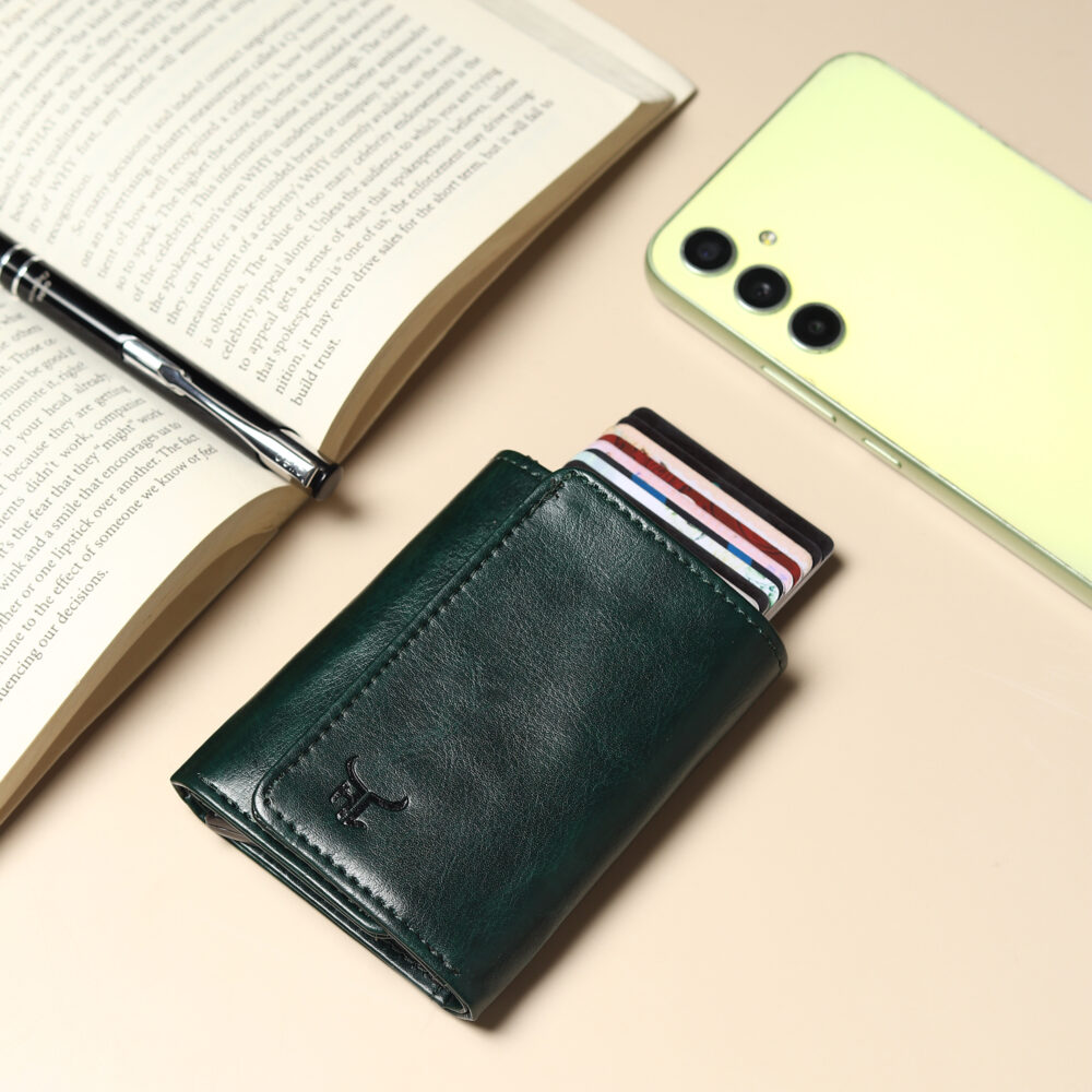 Highlark Exclusive & Upgraded Faux Leather with Aluminium Pop up Card Holder| Aluminium Slim Case | Up to 9 Cards | Card Holder for Men & Women (Green)