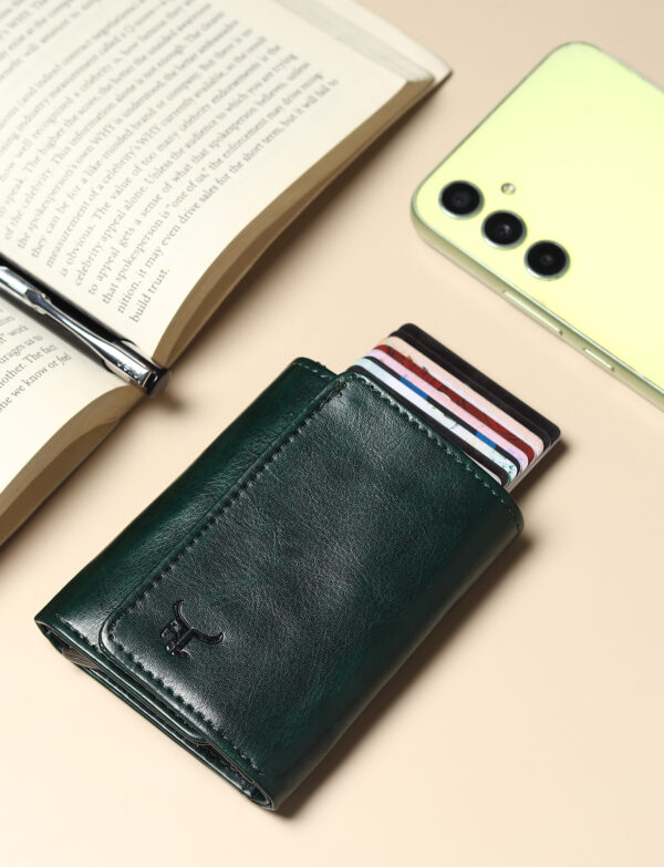 Highlark Exclusive & Upgraded Faux Leather with Aluminium Pop up Card Holder| Aluminium Slim Case | Up to 9 Cards | Card Holder for Men & Women (Green)
